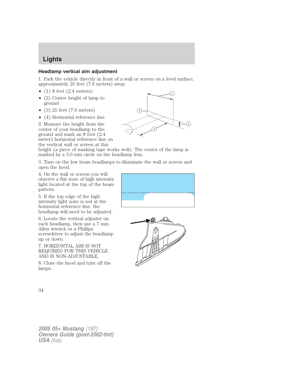 Headlamp vertical aim adjustment, Lights | FORD 2005 Mustang v.2 User Manual | Page 34 / 248