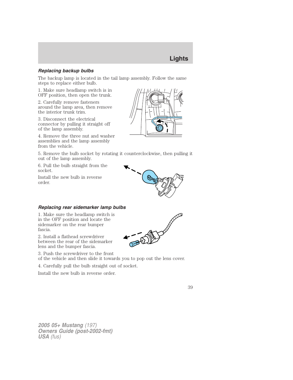 Replacing backup bulbs, Replacing rear sidemarker lamp bulbs, Lights | FORD 2005 Mustang v.2 User Manual | Page 39 / 248