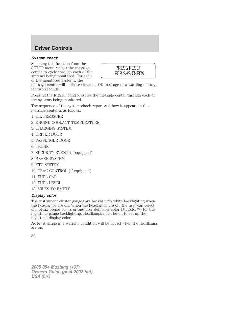 System check, Display color, Driver controls | FORD 2005 Mustang v.2 User Manual | Page 50 / 248