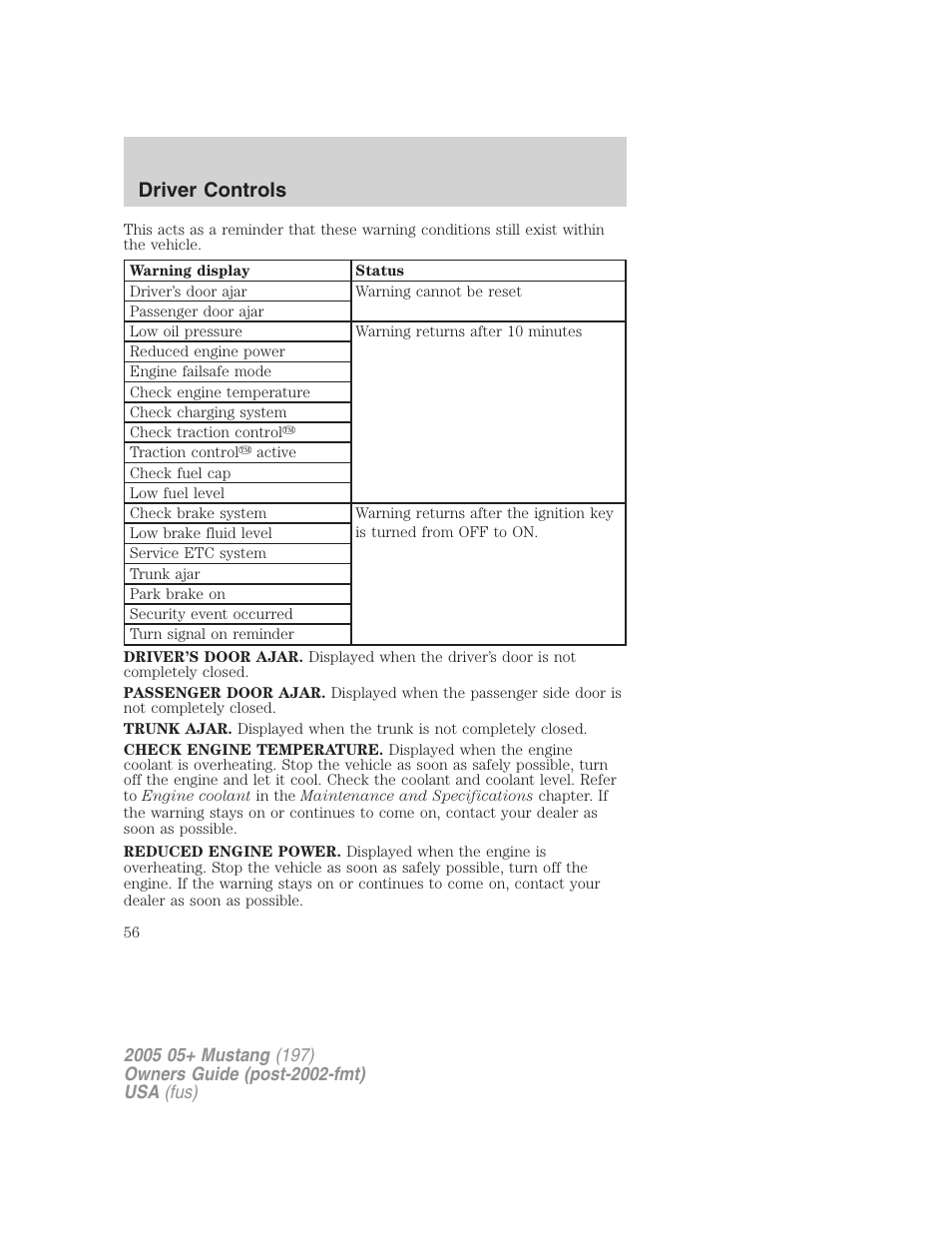 Driver controls | FORD 2005 Mustang v.2 User Manual | Page 56 / 248