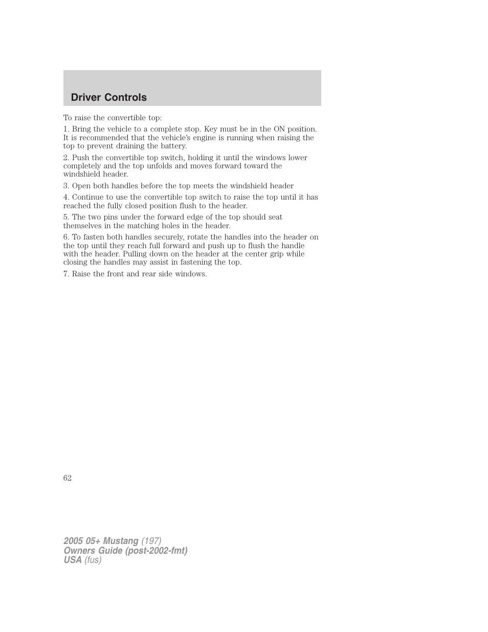 Driver controls | FORD 2005 Mustang v.2 User Manual | Page 62 / 248