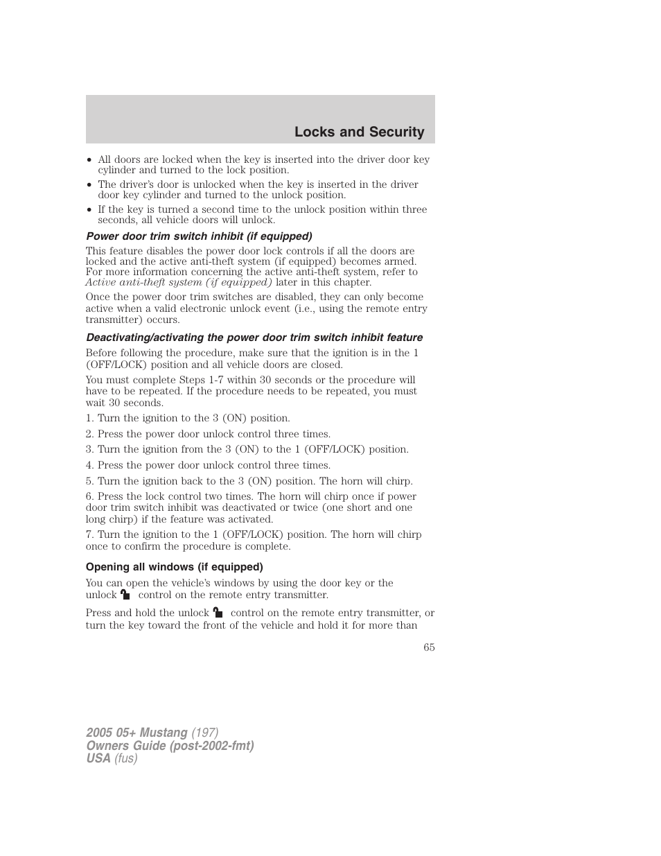 Power door trim switch inhibit (if equipped), Opening all windows (if equipped), Locks and security | FORD 2005 Mustang v.2 User Manual | Page 65 / 248