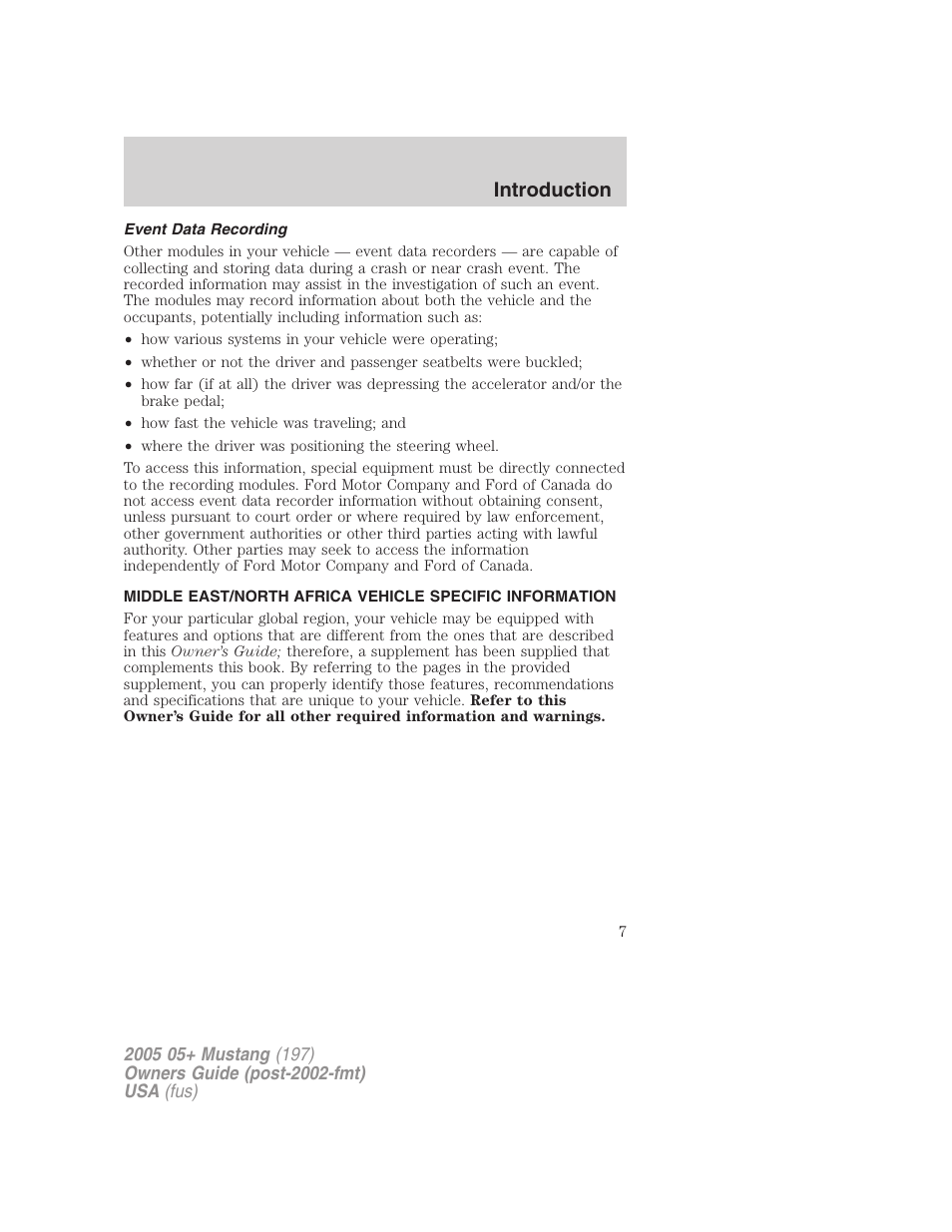 Event data recording, Introduction | FORD 2005 Mustang v.2 User Manual | Page 7 / 248