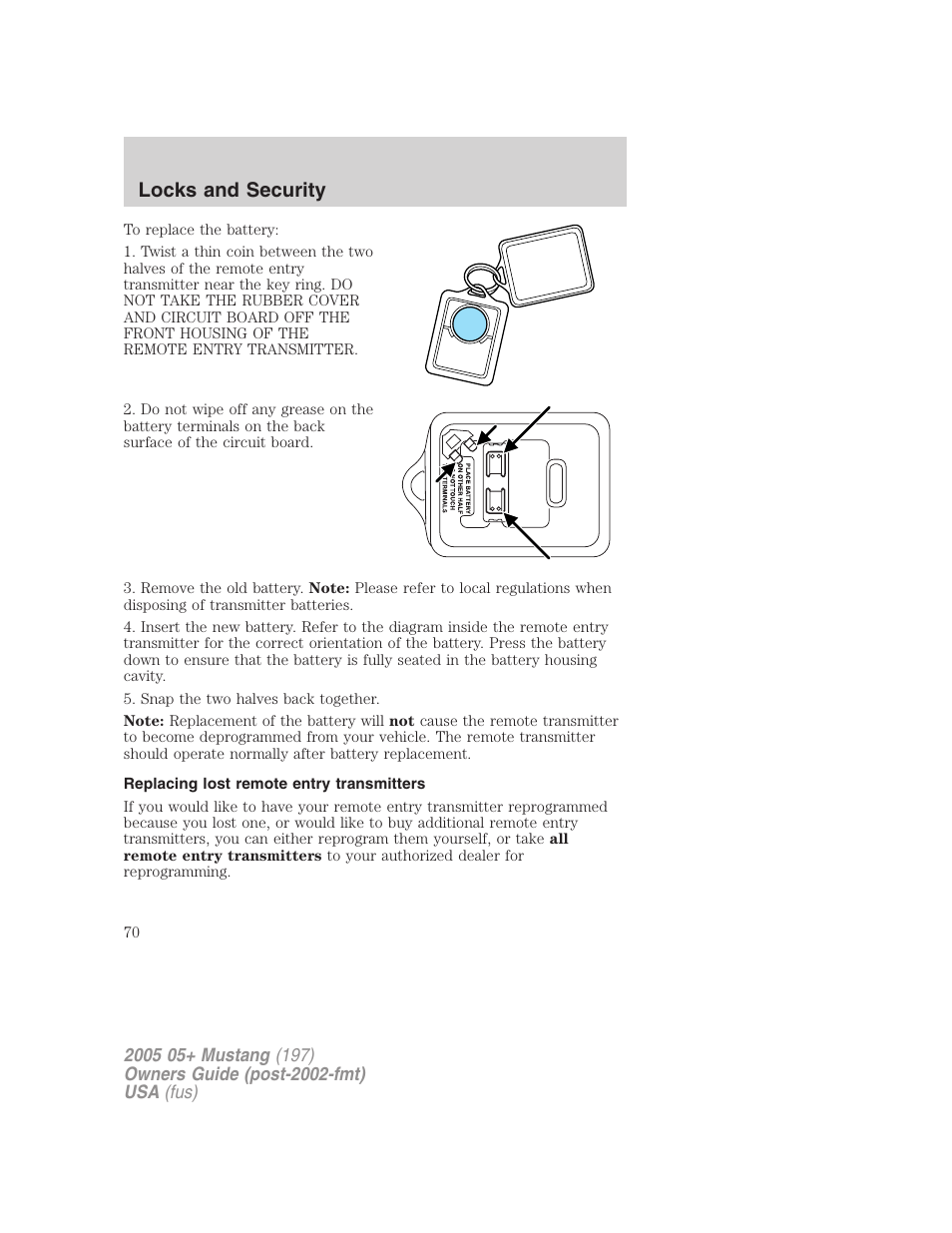 Replacing lost remote entry transmitters, Locks and security | FORD 2005 Mustang v.2 User Manual | Page 70 / 248