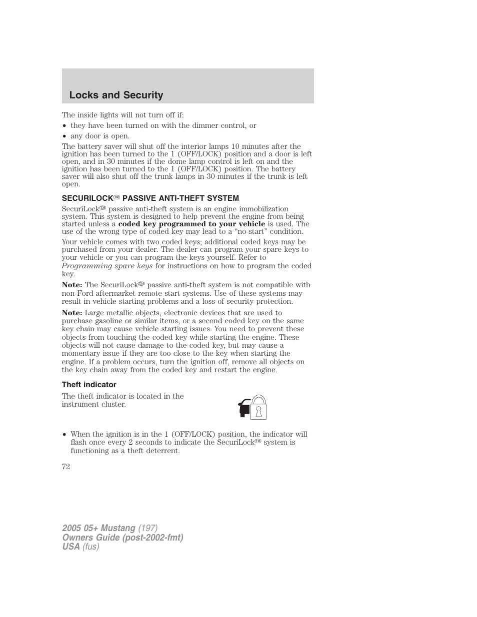 Securilock passive anti-theft system, Theft indicator, Anti-theft system | Locks and security | FORD 2005 Mustang v.2 User Manual | Page 72 / 248