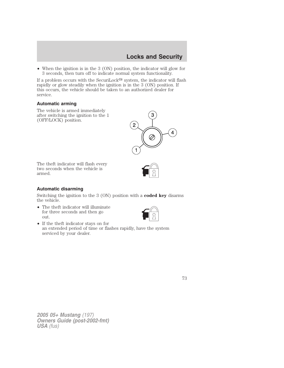 Automatic arming, Automatic disarming, Locks and security | FORD 2005 Mustang v.2 User Manual | Page 73 / 248