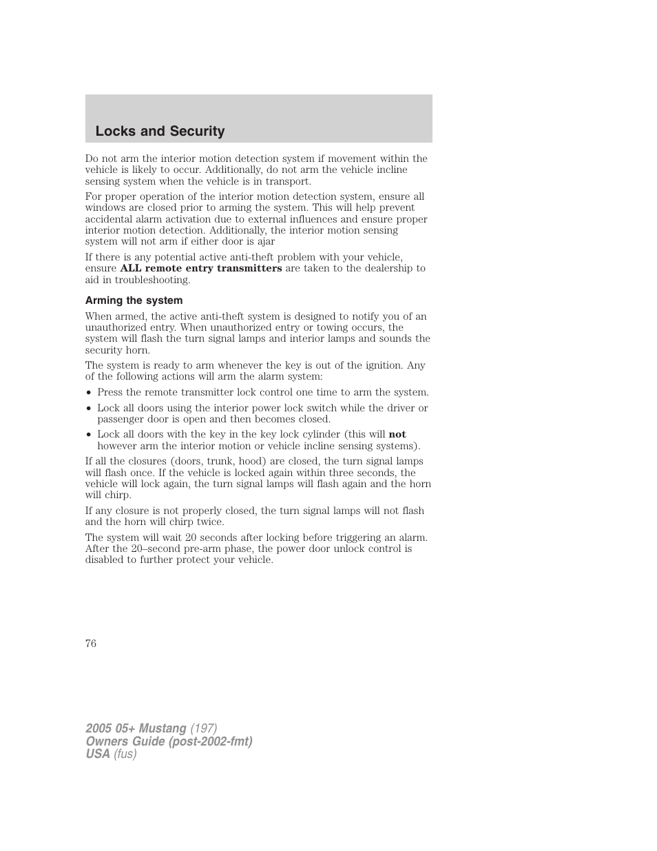 Arming the system, Locks and security | FORD 2005 Mustang v.2 User Manual | Page 76 / 248