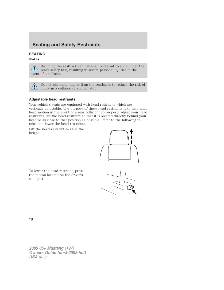 Seating and safety restraints, Seating, Adjustable head restraints | FORD 2005 Mustang v.2 User Manual | Page 78 / 248