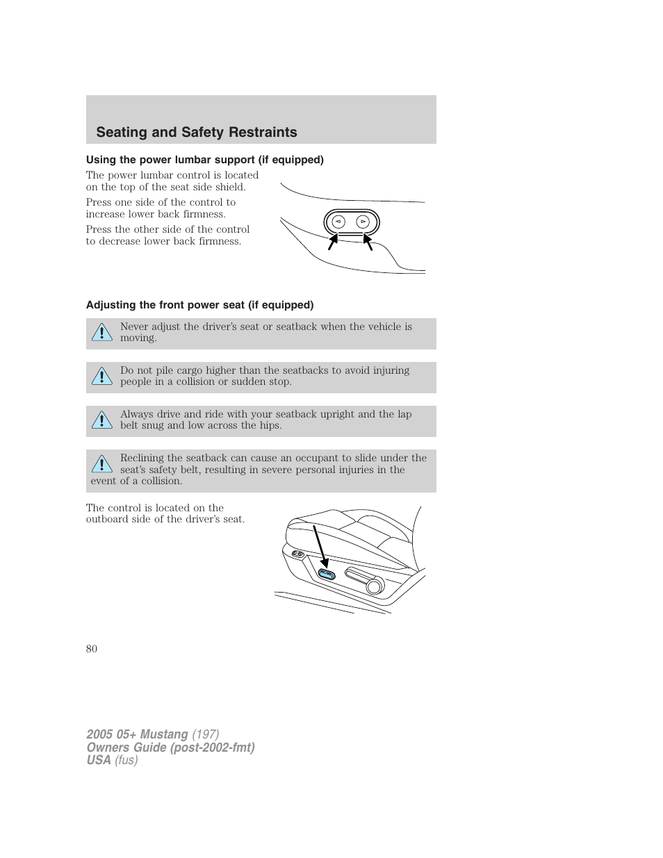 Using the power lumbar support (if equipped), Adjusting the front power seat (if equipped), Seating and safety restraints | FORD 2005 Mustang v.2 User Manual | Page 80 / 248