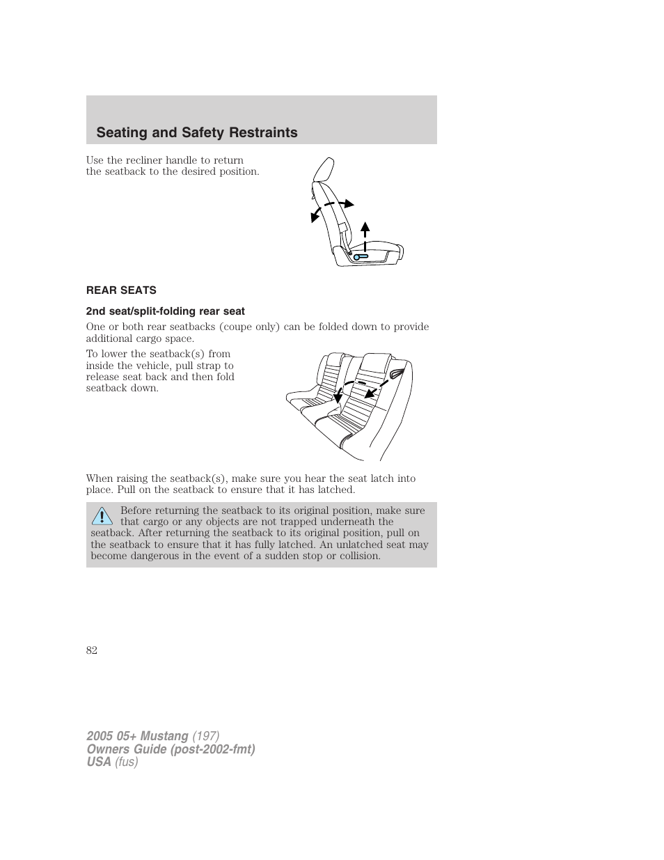 Rear seats, 2nd seat/split-folding rear seat, Seating and safety restraints | FORD 2005 Mustang v.2 User Manual | Page 82 / 248