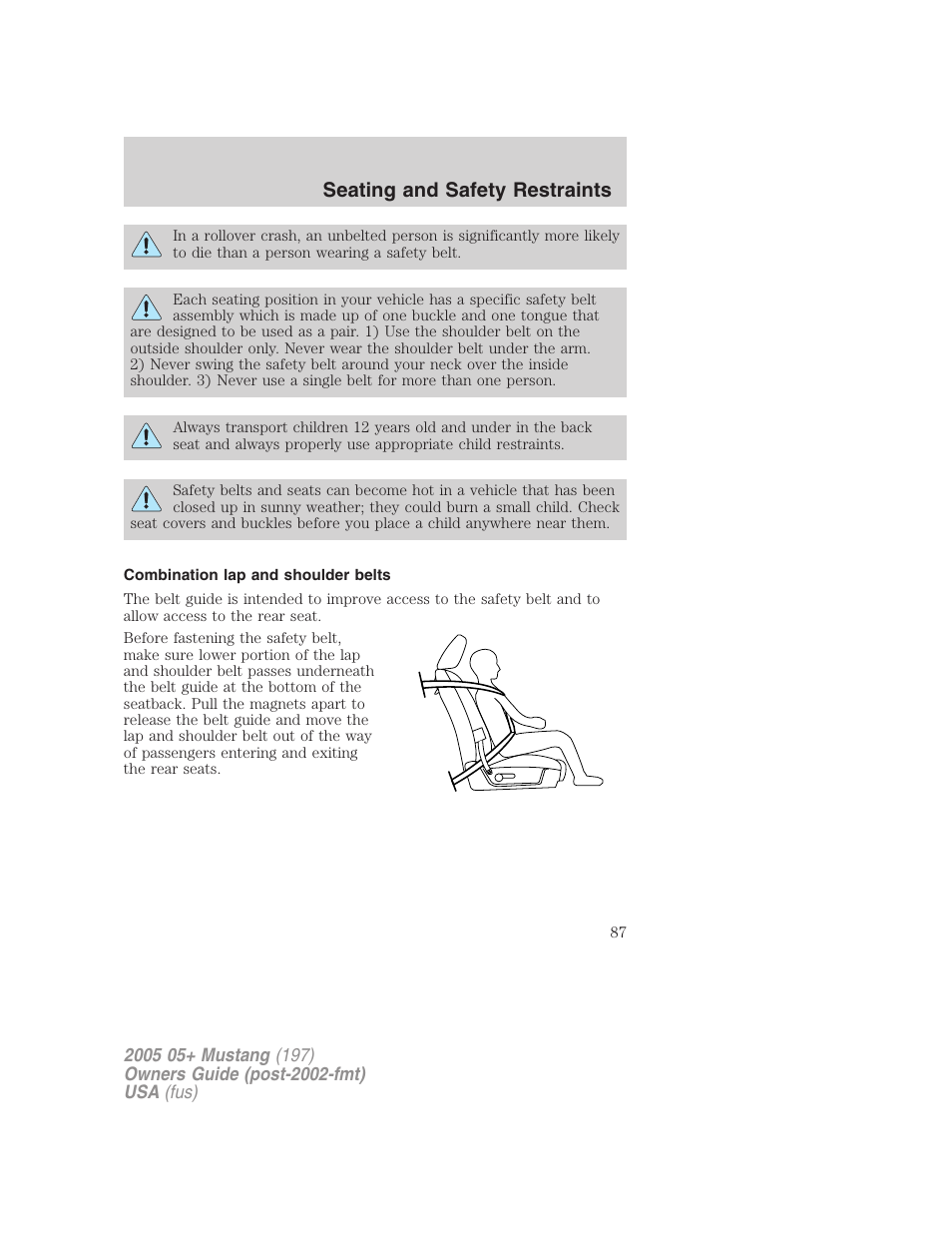 Combination lap and shoulder belts, Seating and safety restraints | FORD 2005 Mustang v.2 User Manual | Page 87 / 248