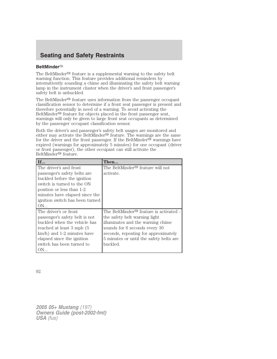 Beltminder, Seating and safety restraints | FORD 2005 Mustang v.2 User Manual | Page 92 / 248