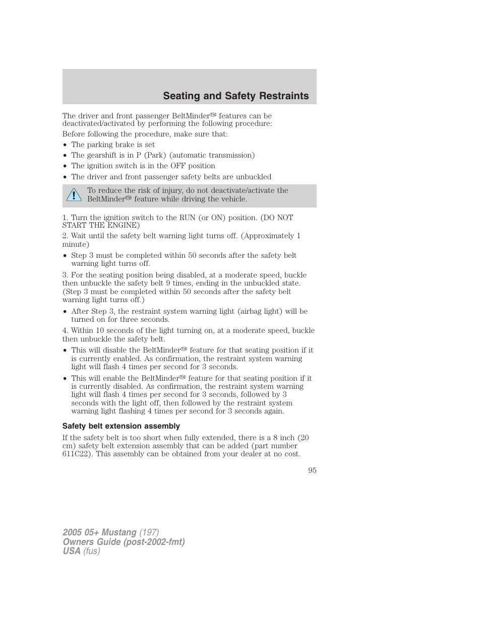 Safety belt extension assembly, Seating and safety restraints | FORD 2005 Mustang v.2 User Manual | Page 95 / 248