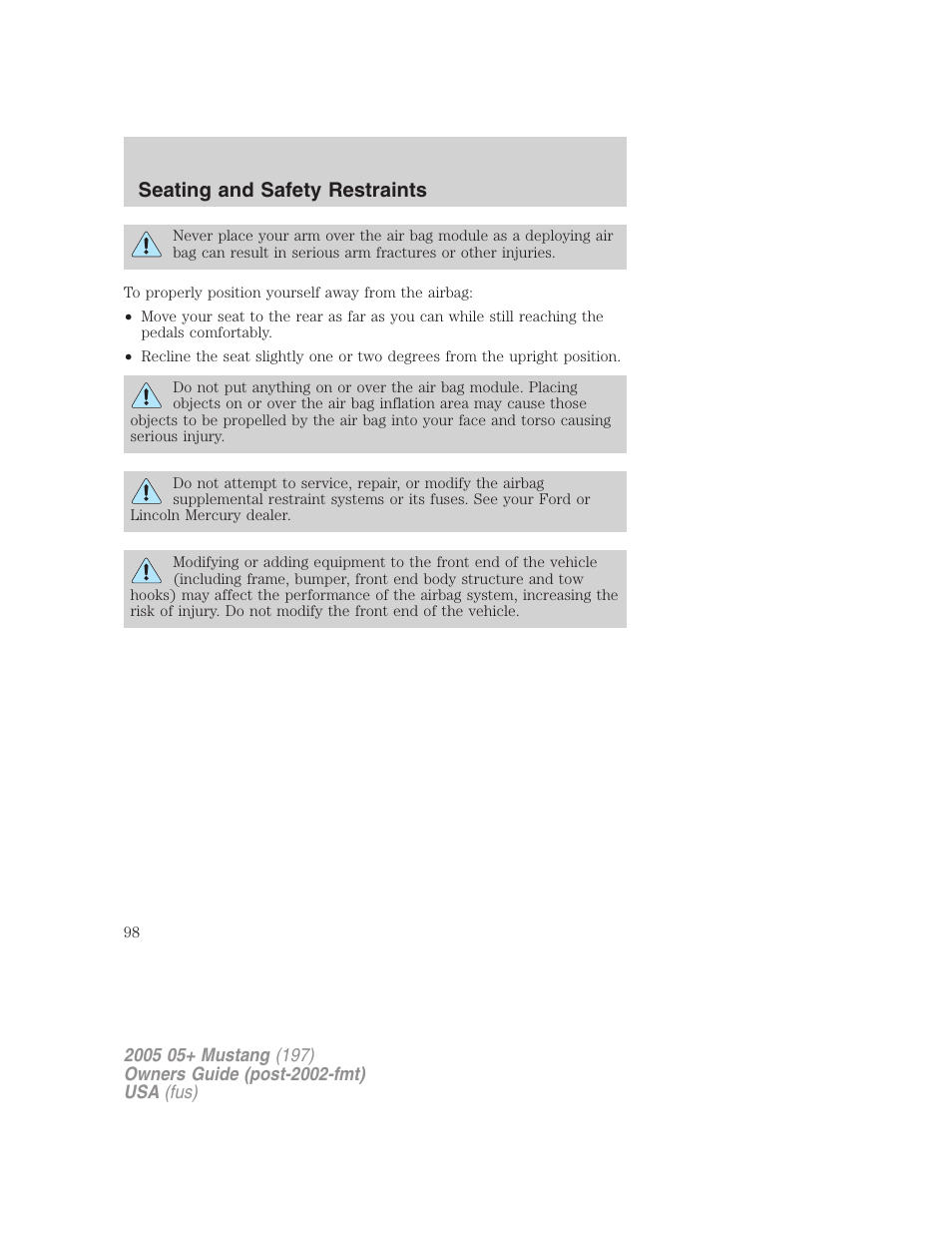 Seating and safety restraints | FORD 2005 Mustang v.2 User Manual | Page 98 / 248