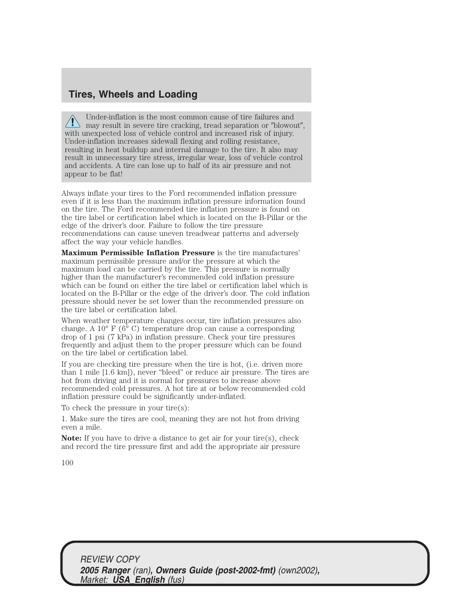 Tires, wheels and loading | FORD 2005 Ranger v.1 User Manual | Page 100 / 256