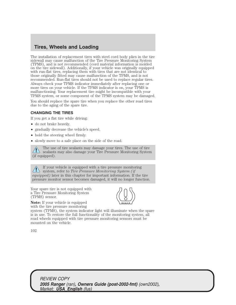 Tires, wheels and loading | FORD 2005 Ranger v.1 User Manual | Page 102 / 256