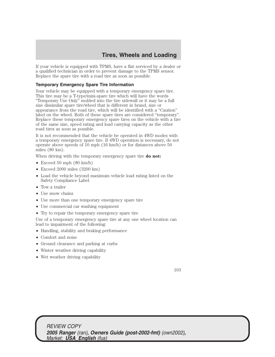 Tires, wheels and loading | FORD 2005 Ranger v.1 User Manual | Page 103 / 256