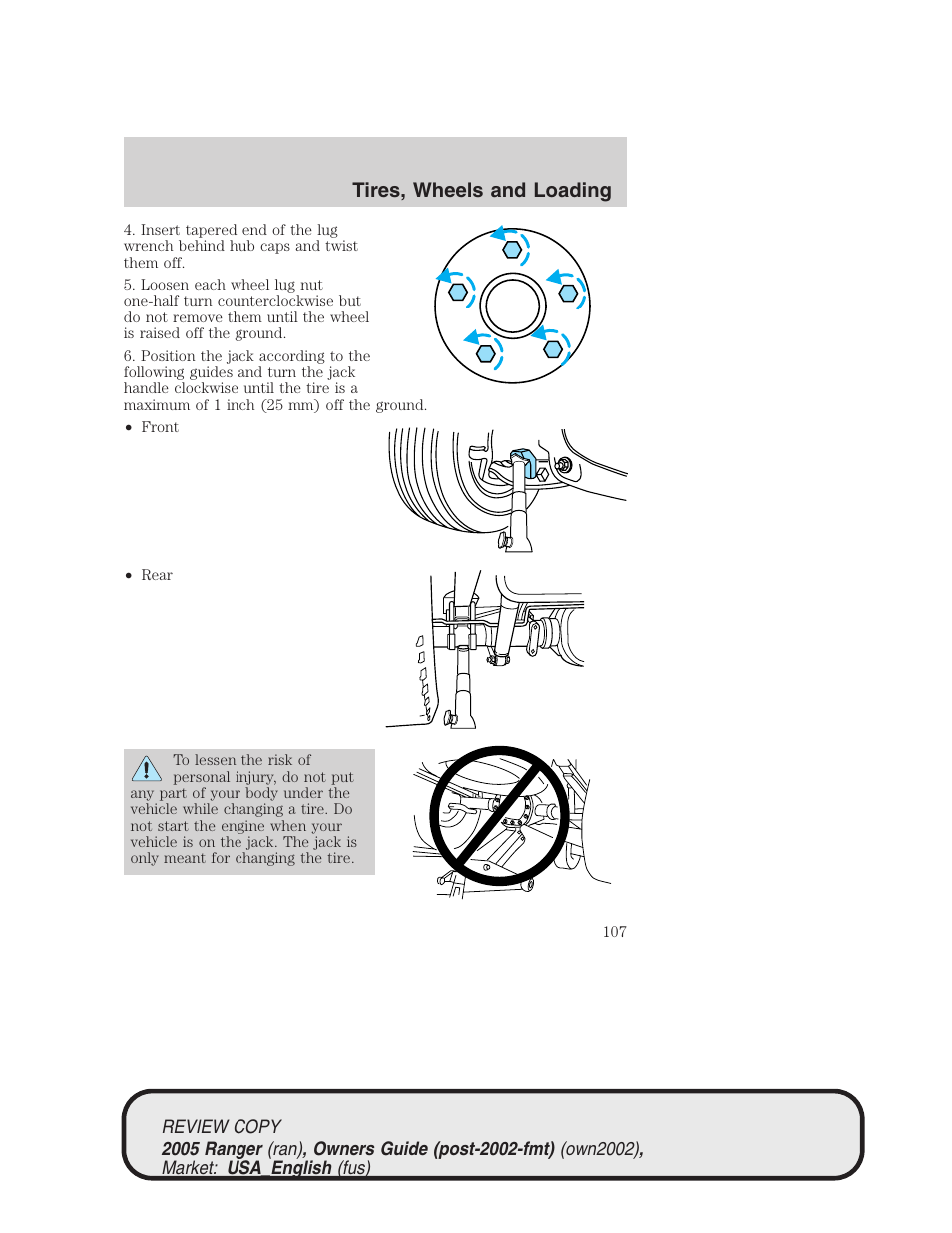 Tires, wheels and loading | FORD 2005 Ranger v.1 User Manual | Page 107 / 256
