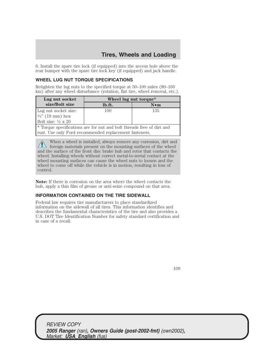 Tires, wheels and loading | FORD 2005 Ranger v.1 User Manual | Page 109 / 256