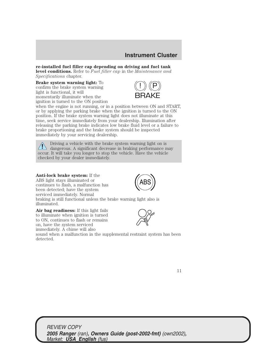 P! brake abs | FORD 2005 Ranger v.1 User Manual | Page 11 / 256