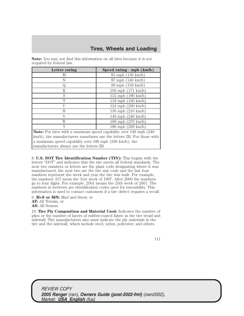 Tires, wheels and loading | FORD 2005 Ranger v.1 User Manual | Page 111 / 256