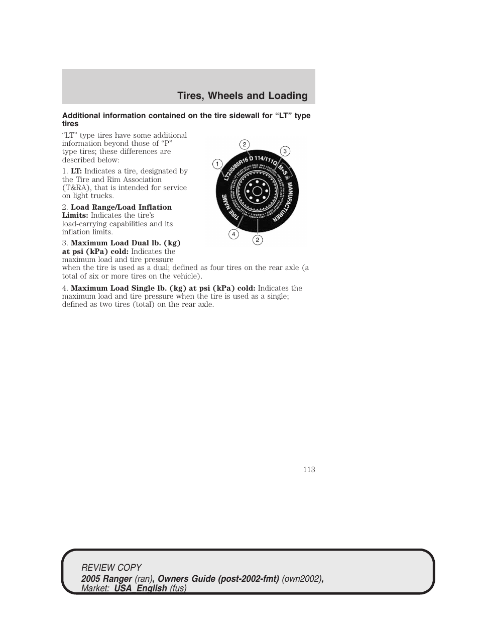 Tires, wheels and loading | FORD 2005 Ranger v.1 User Manual | Page 113 / 256