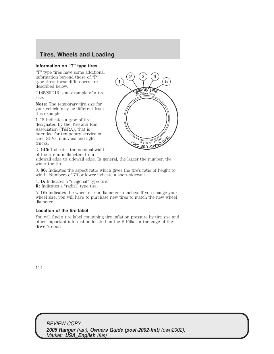 Tires, wheels and loading | FORD 2005 Ranger v.1 User Manual | Page 114 / 256