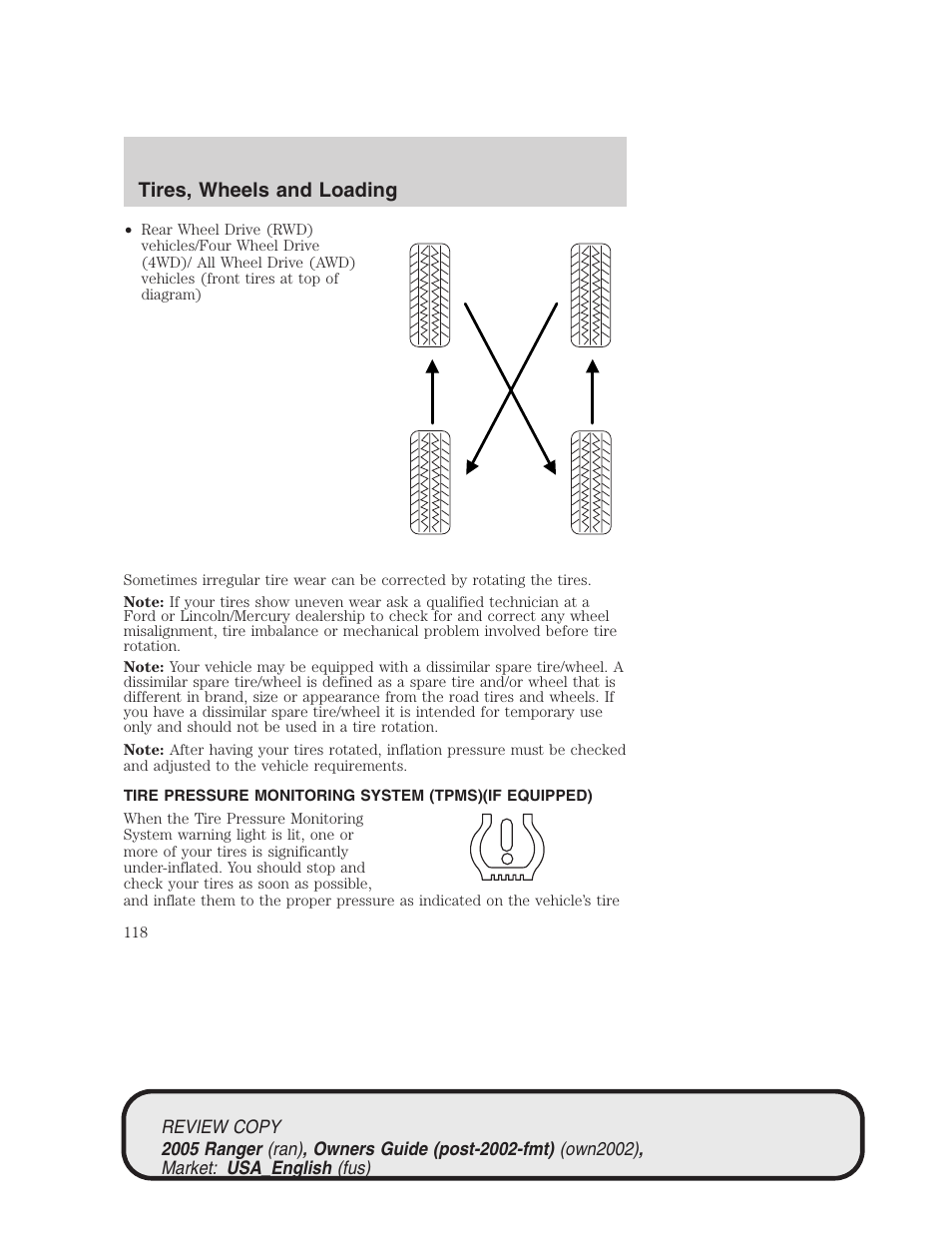 Tires, wheels and loading | FORD 2005 Ranger v.1 User Manual | Page 118 / 256