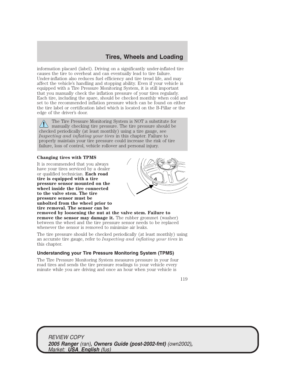 Tires, wheels and loading | FORD 2005 Ranger v.1 User Manual | Page 119 / 256