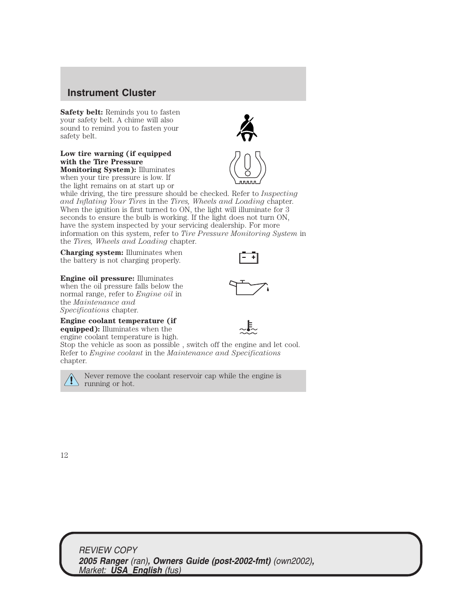 Instrument cluster | FORD 2005 Ranger v.1 User Manual | Page 12 / 256