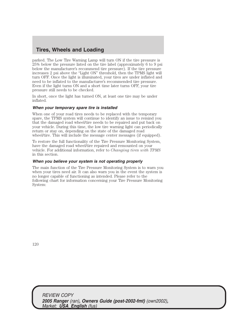 Tires, wheels and loading | FORD 2005 Ranger v.1 User Manual | Page 120 / 256