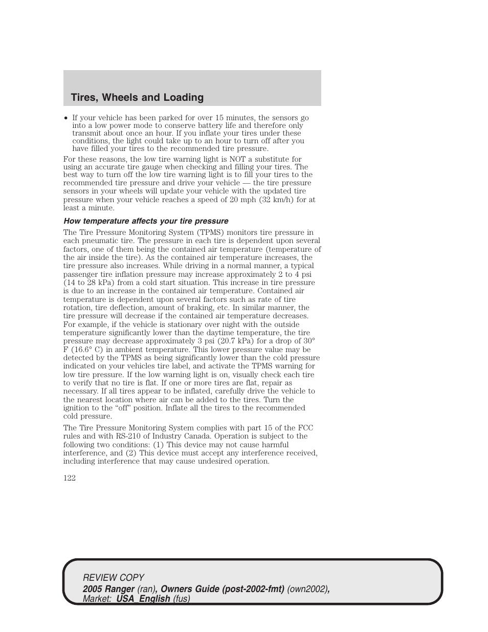 Tires, wheels and loading | FORD 2005 Ranger v.1 User Manual | Page 122 / 256