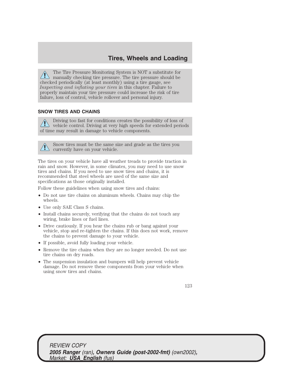 Tires, wheels and loading | FORD 2005 Ranger v.1 User Manual | Page 123 / 256