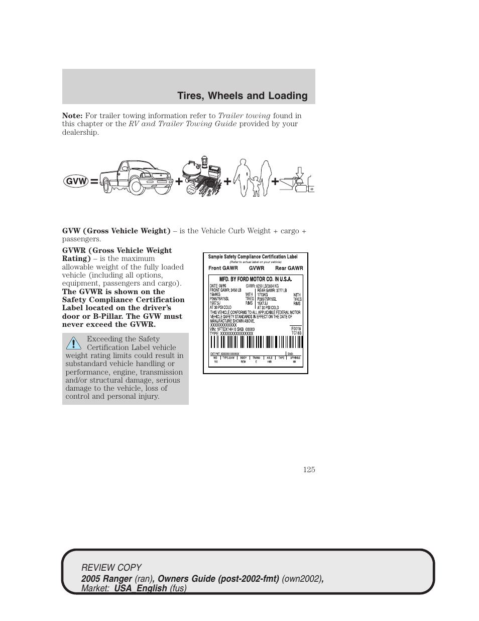 Tires, wheels and loading | FORD 2005 Ranger v.1 User Manual | Page 125 / 256