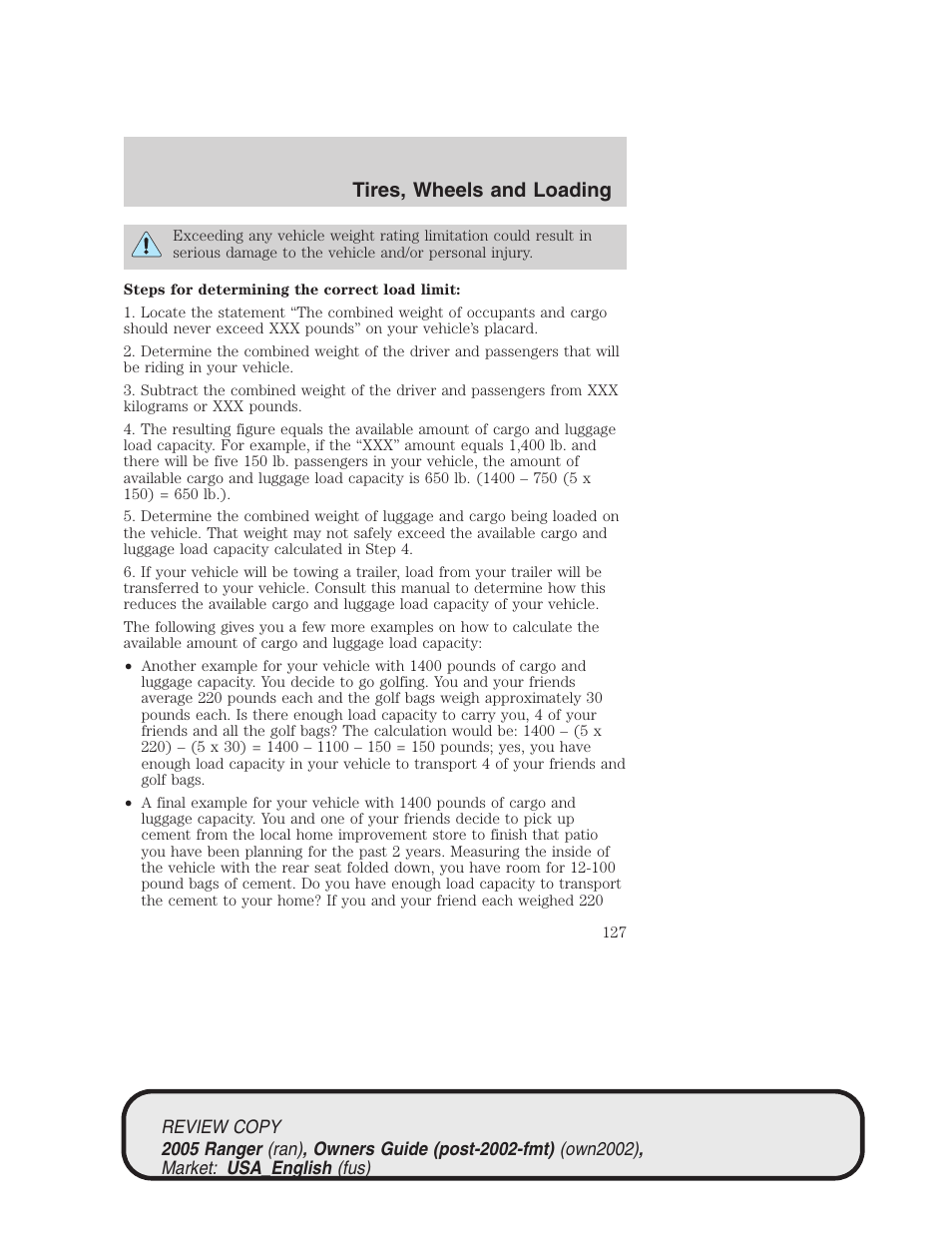 Tires, wheels and loading | FORD 2005 Ranger v.1 User Manual | Page 127 / 256