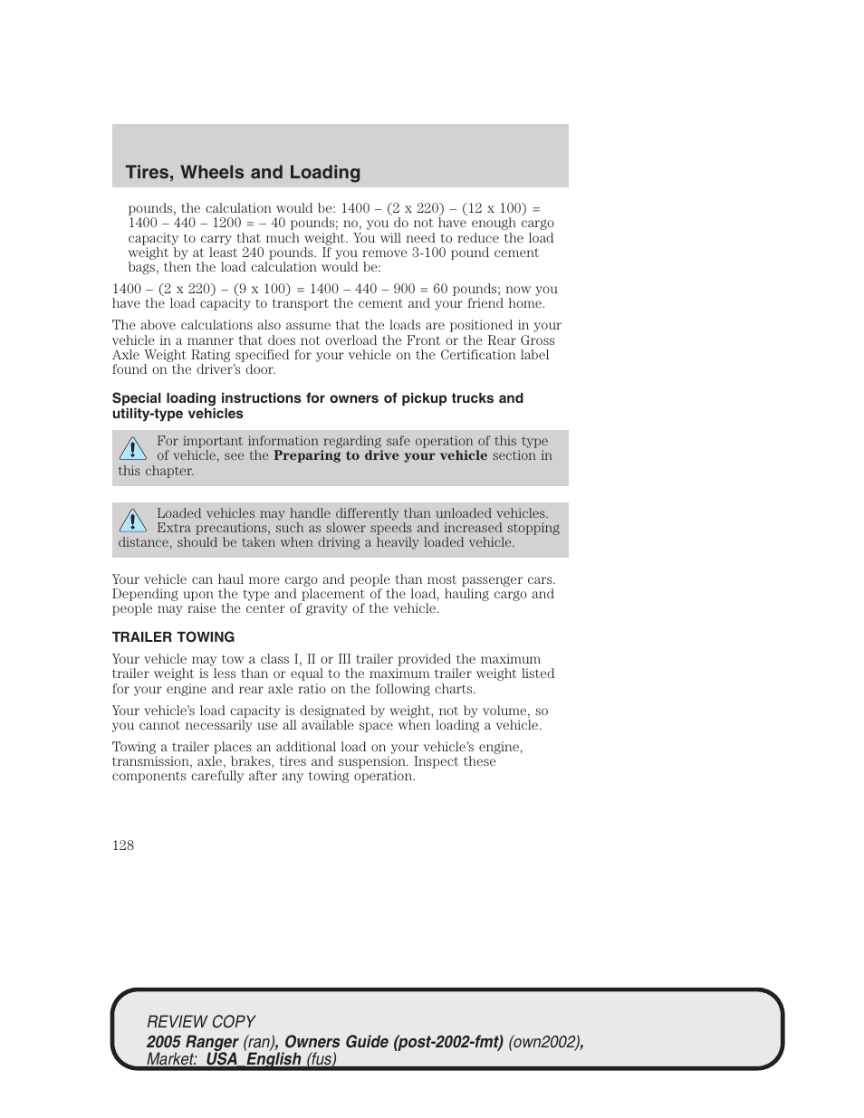 Tires, wheels and loading | FORD 2005 Ranger v.1 User Manual | Page 128 / 256