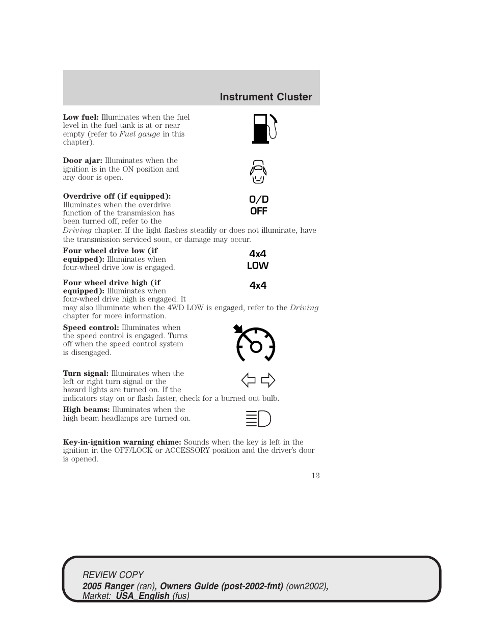 Instrument cluster | FORD 2005 Ranger v.1 User Manual | Page 13 / 256
