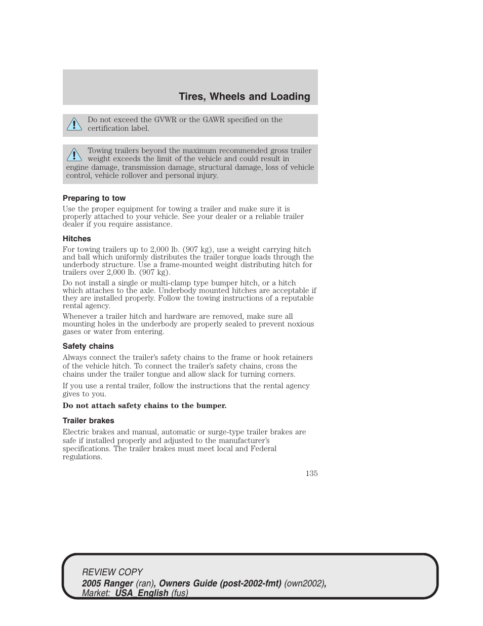 Tires, wheels and loading | FORD 2005 Ranger v.1 User Manual | Page 135 / 256