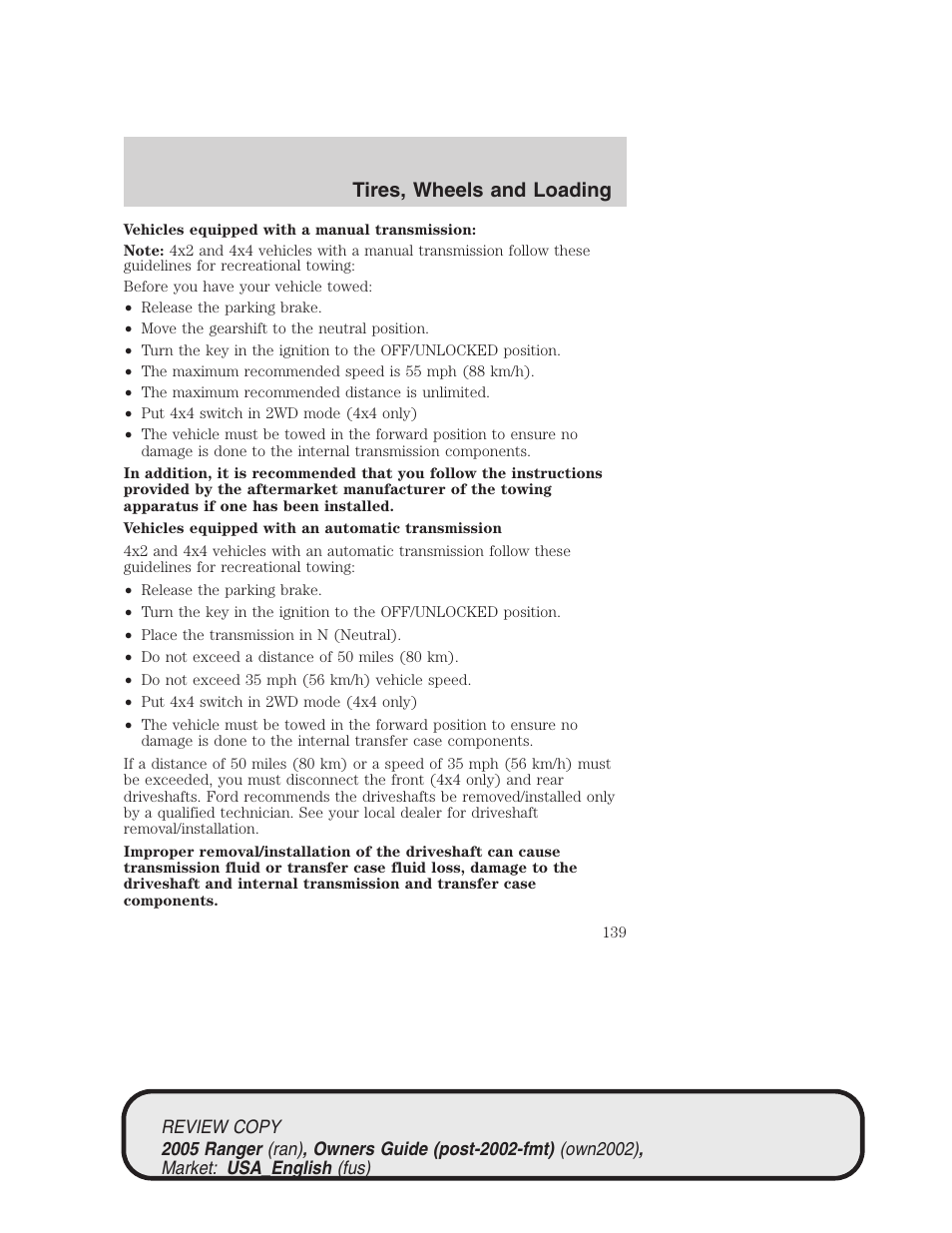 Tires, wheels and loading | FORD 2005 Ranger v.1 User Manual | Page 139 / 256