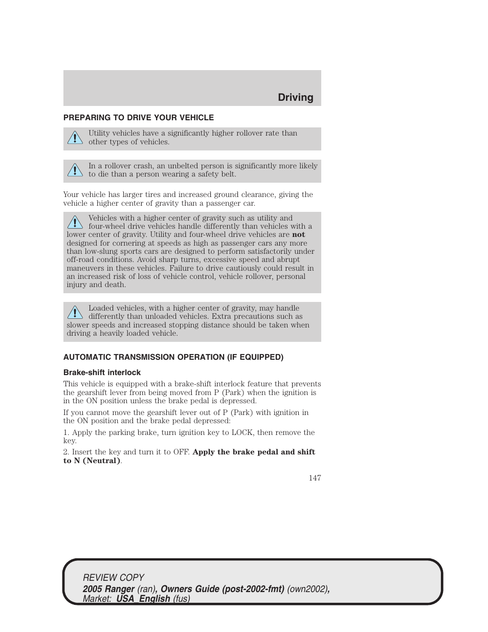 Driving | FORD 2005 Ranger v.1 User Manual | Page 147 / 256