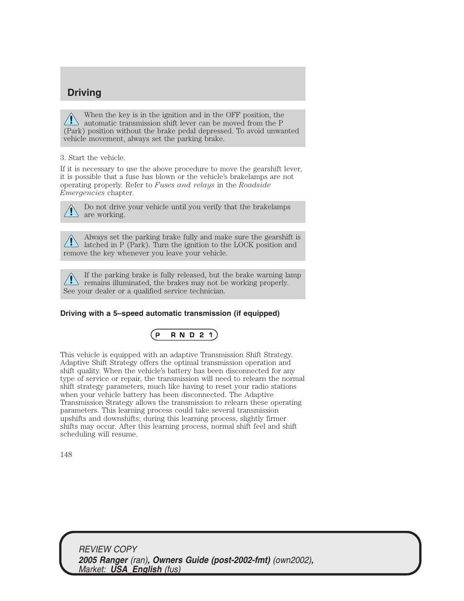 Driving | FORD 2005 Ranger v.1 User Manual | Page 148 / 256