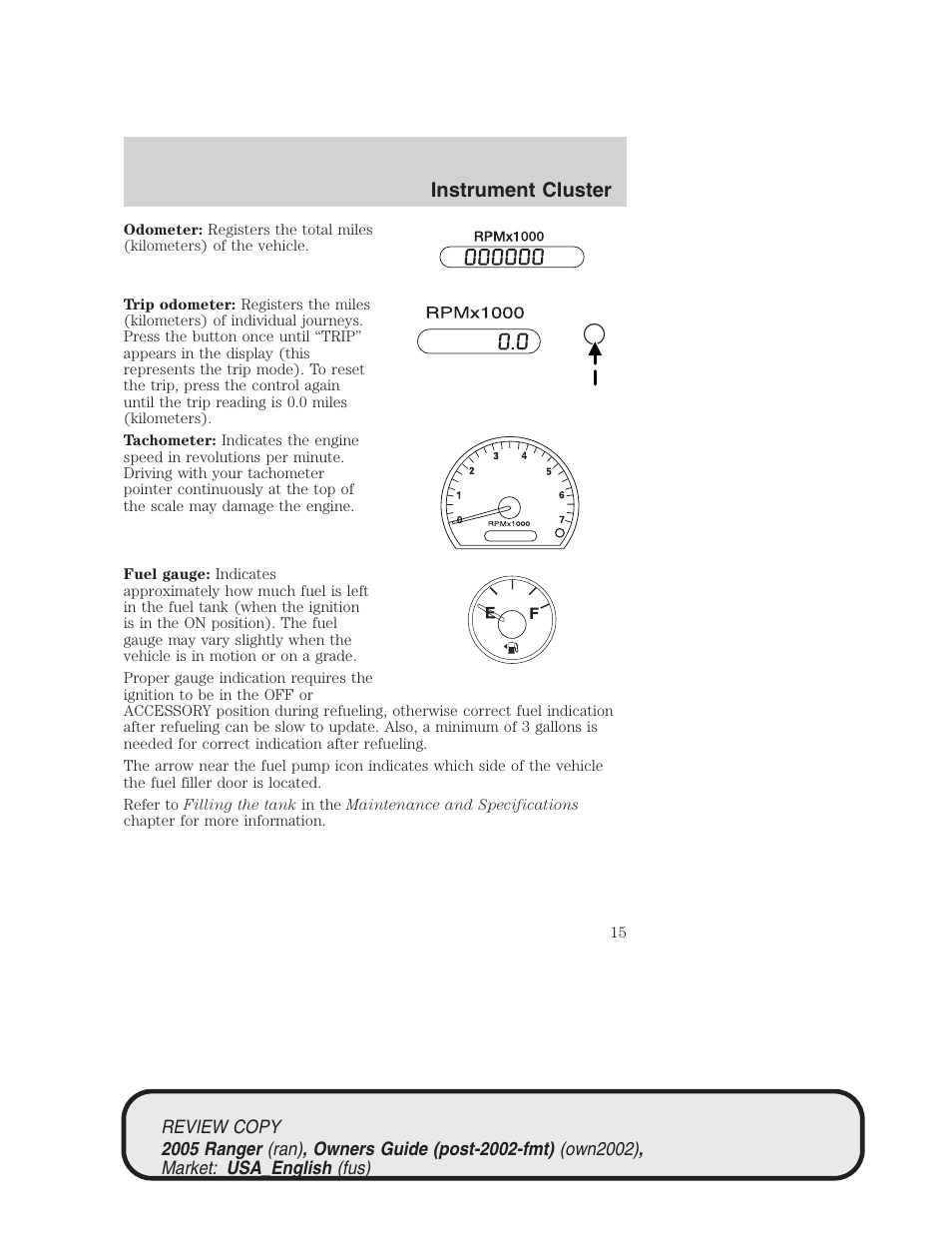 Instrument cluster | FORD 2005 Ranger v.1 User Manual | Page 15 / 256