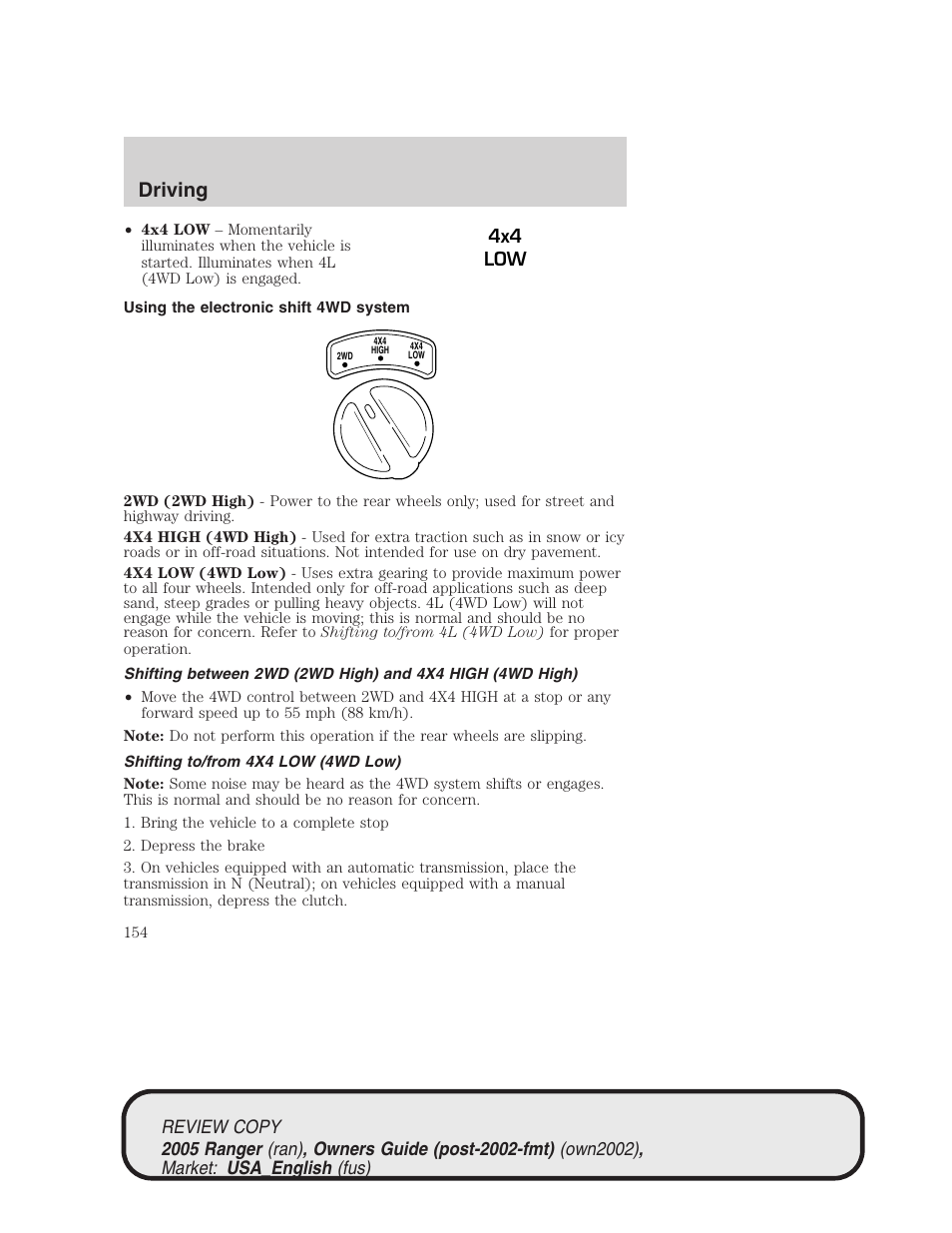 Driving, 4x4 low | FORD 2005 Ranger v.1 User Manual | Page 154 / 256