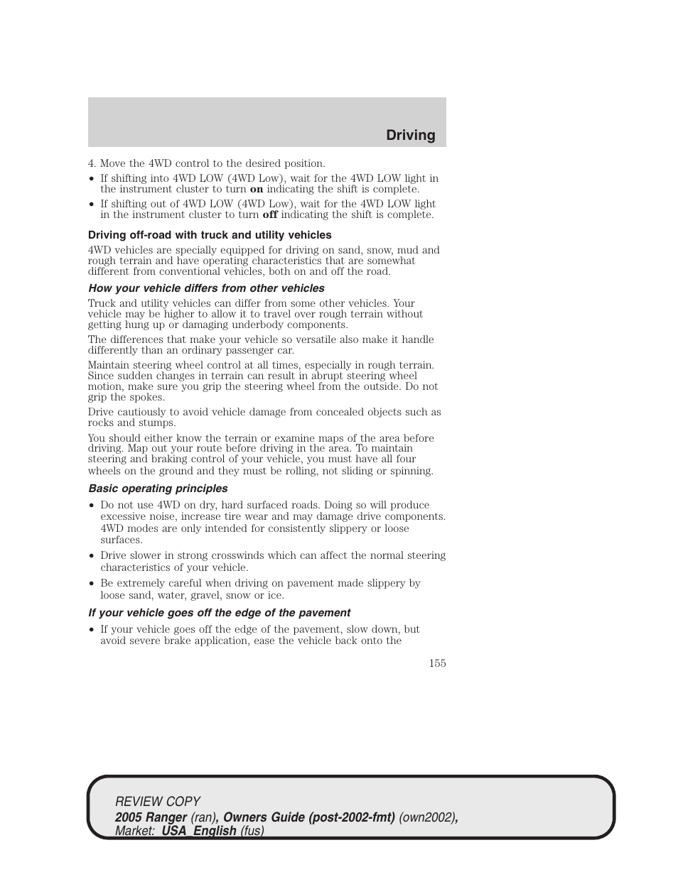 Driving | FORD 2005 Ranger v.1 User Manual | Page 155 / 256