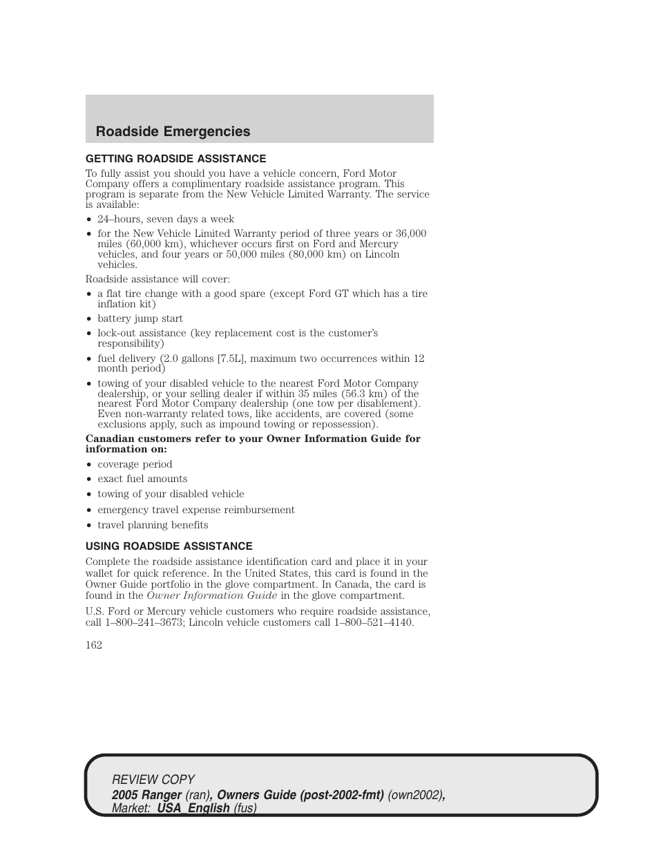 Roadside emergencies | FORD 2005 Ranger v.1 User Manual | Page 162 / 256