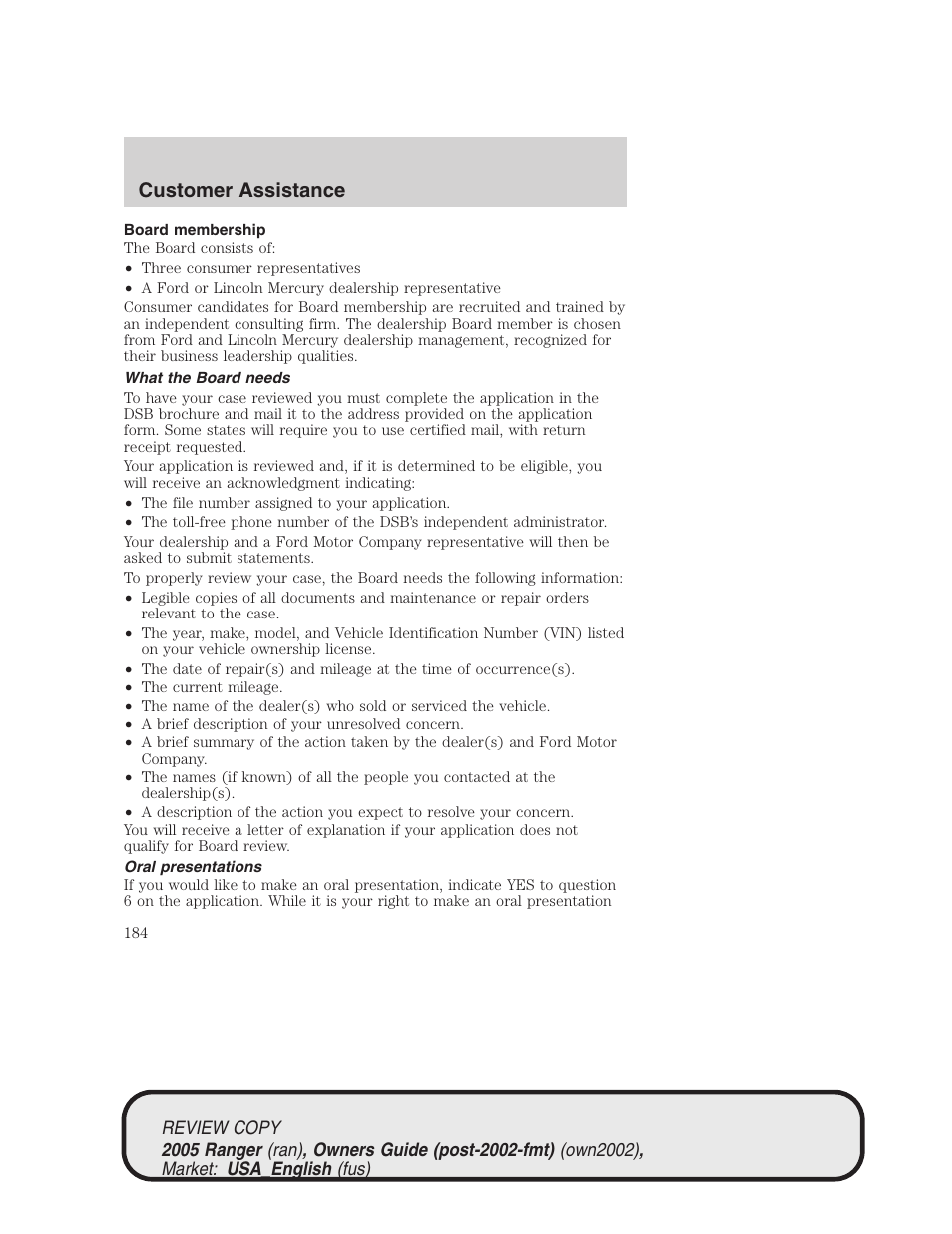 Customer assistance | FORD 2005 Ranger v.1 User Manual | Page 184 / 256