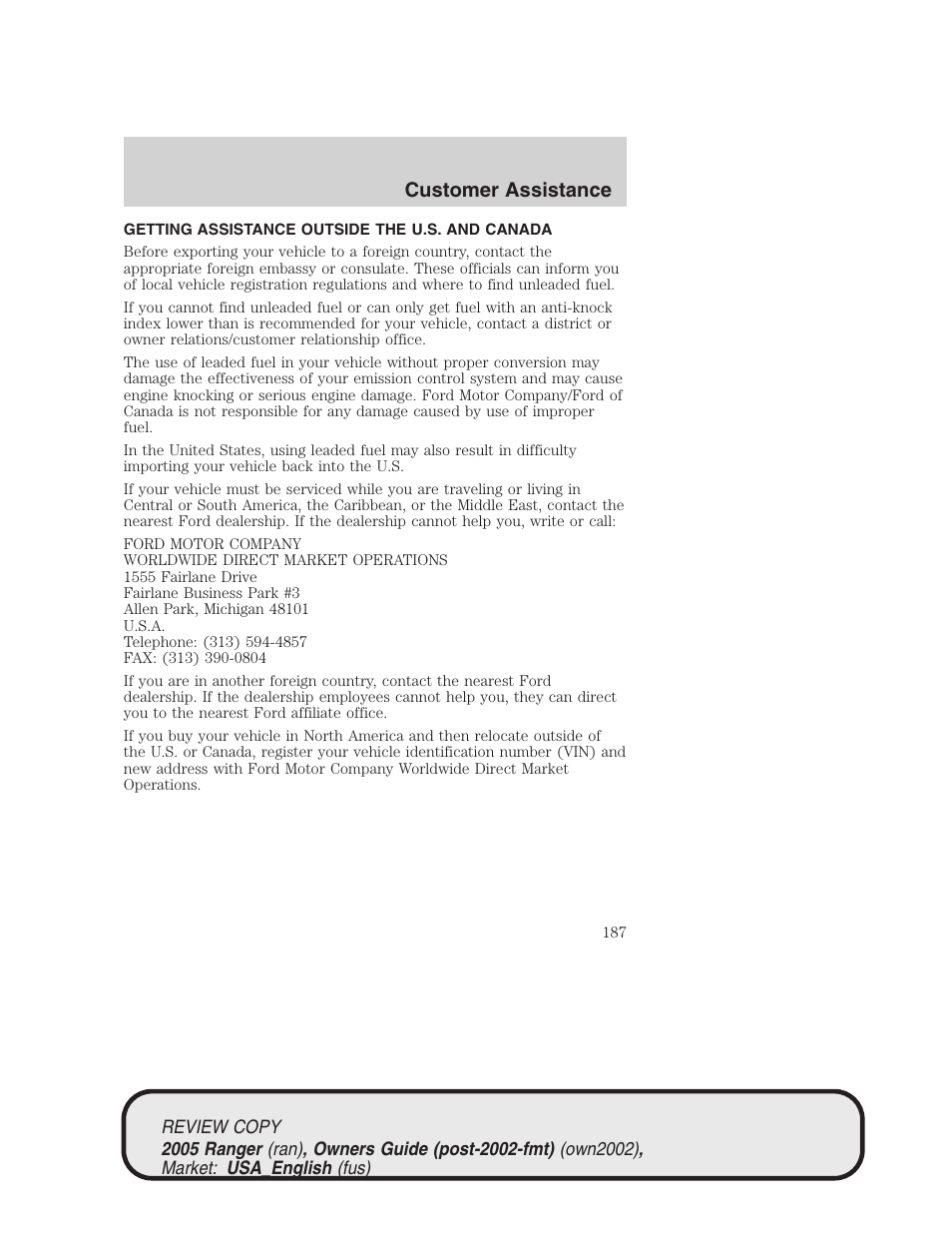 Customer assistance | FORD 2005 Ranger v.1 User Manual | Page 187 / 256