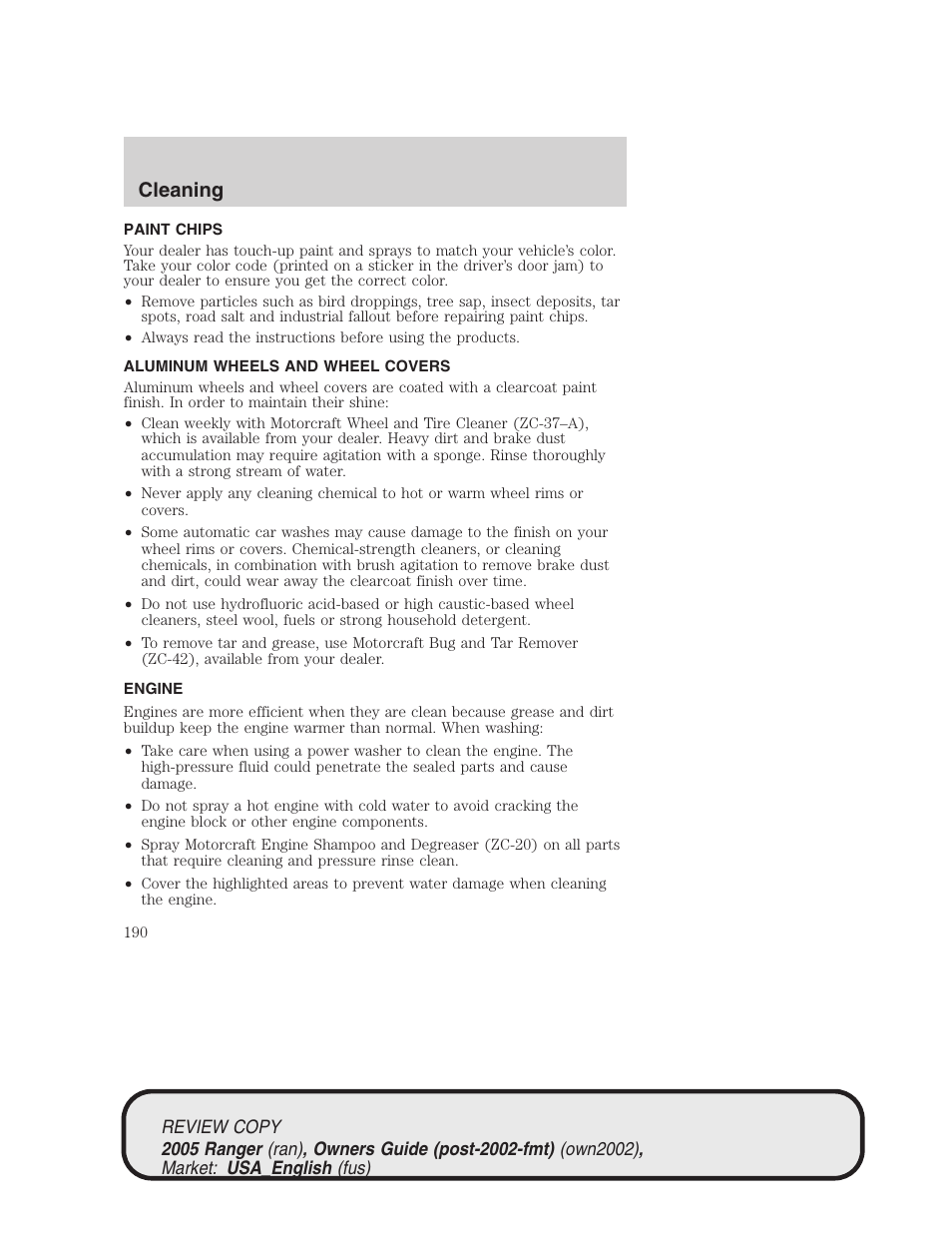 Cleaning | FORD 2005 Ranger v.1 User Manual | Page 190 / 256