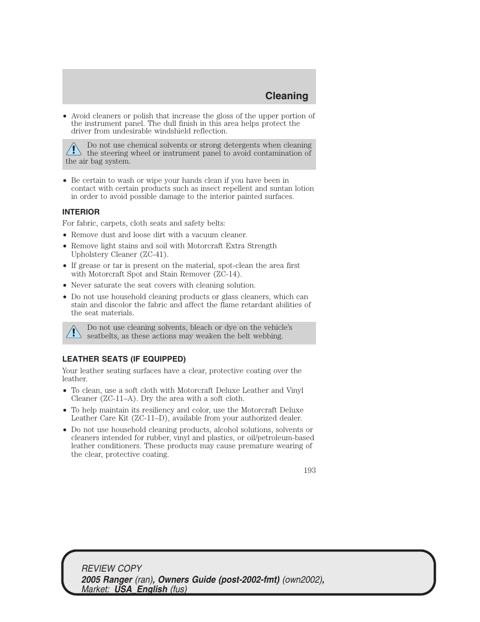 Cleaning | FORD 2005 Ranger v.1 User Manual | Page 193 / 256