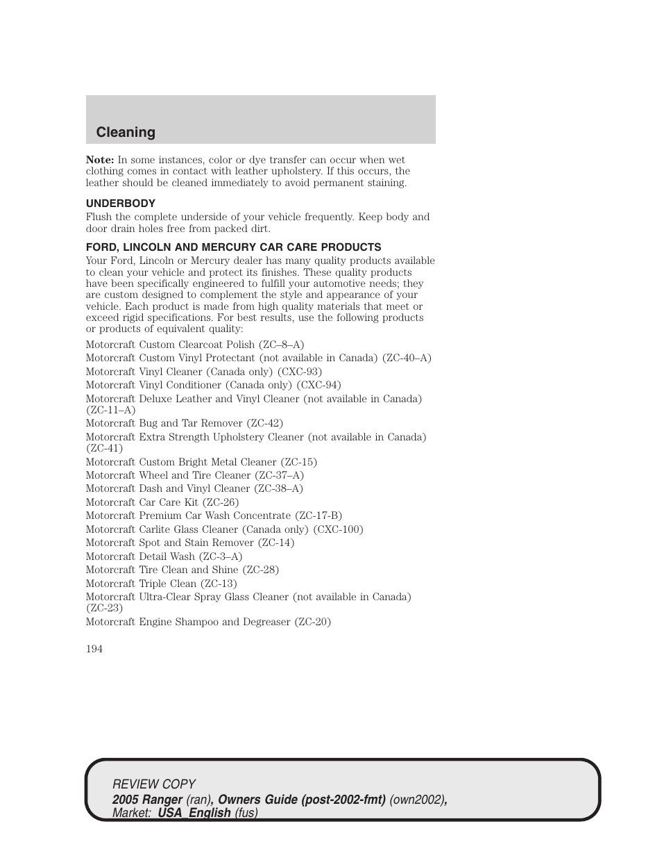 Cleaning | FORD 2005 Ranger v.1 User Manual | Page 194 / 256